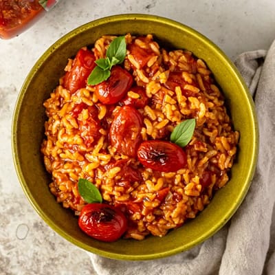 Tomato Basil Oven Risotto
