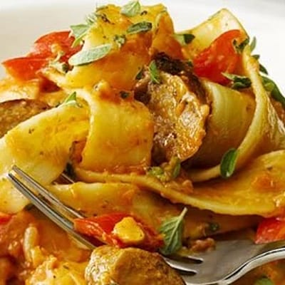 Chilli Pesto and Pork Sausage Pappardelle
